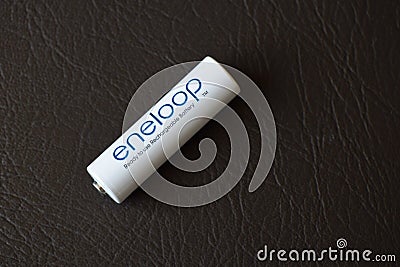 Moscow, Russian Federation - April 24, 2019: An eneloop AA battery. Panasonic Corporation is a Japanese multinational Editorial Stock Photo