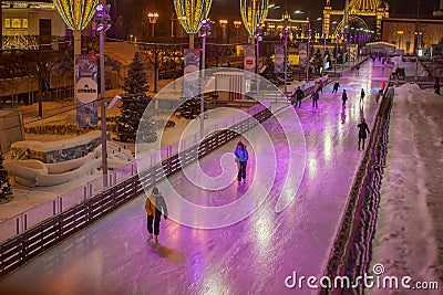 Moscow, Russian Federation - January 04, 2022: VDNKh skating rink and New Year`s and Christmas decorations Editorial Stock Photo