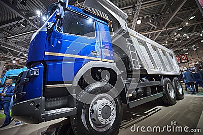 MOSCOW, SEP, 5, 2017: Close up view on Volvo dump truck exhibit on Commercial Transport Exhibition ComTrans-2017. Volvo commercial Editorial Stock Photo