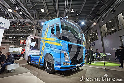 MOSCOW, SEP, 5, 2017: View on blue bolster-type truck Volvo FH 540 exhibit on Commercial Transport Exhibition ComTrans-2017. Comme Editorial Stock Photo