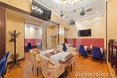 MOSCOW - SEPTEMBER 2014: The interior of the cafe grill bar NA MEDOVOY Editorial Stock Photo