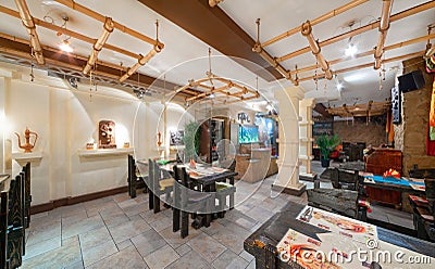 MOSCOW - SEPTEMBER 2014: Interior and furnishings of the restaurant of Indian cuisine Editorial Stock Photo