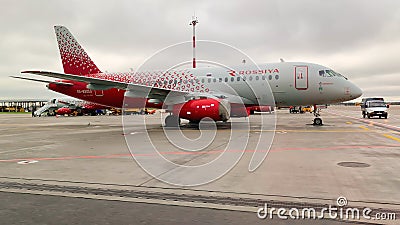 Moscow Sheremetyevo International Airport. Airplanes on a runway, view from an airplane passenger delivery bus Editorial Stock Photo