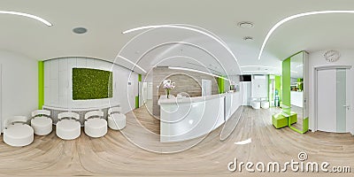 MOSCOW - SUMMER 2018, 3D spherical panorama with 360 viewing angle of the green modern dental office. Ready for virtual reality. F Editorial Stock Photo