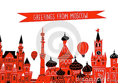 Moscow vector illustration with tourist attractions, symbols and landmarks. Greetings from Moscow. Horizontal greeting Vector Illustration