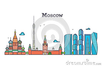 Moscow vector line panorama, modern city skyline, russia outline symbol, flat urban landscape Vector Illustration