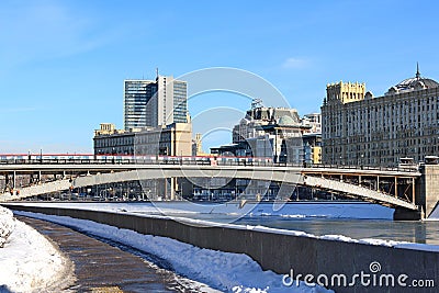 Moscow, Russia - February 14, 2019: Smolensky Metro Bridge. View from Taras Shevchenko Embankment Editorial Stock Photo