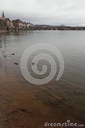 Moselle River and city on shore. Koblenz, Germany Stock Photo