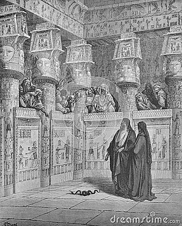 Moses and Aaron before Pharaoh in the old book The Bible in Pictures, by G. Doreh, 1897 Editorial Stock Photo