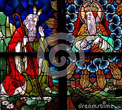 Moses and God in stained glass Stock Photo