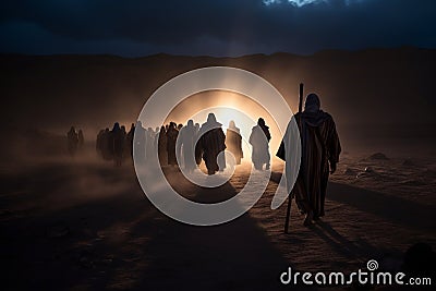 Moses leads the Jews through the desert, Moses led his people to the Promised Land through the Sinai desert. Religion Stock Photo