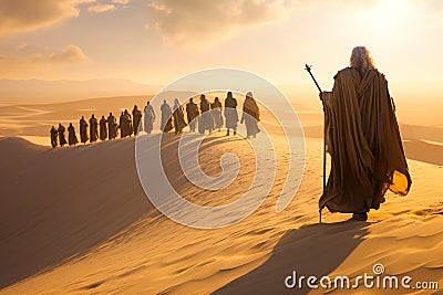 Moses leads the Jews through the desert, Moses led his people to the Promised Land through the Sinai desert. Religion Stock Photo