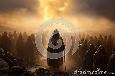 Moses leads the Jews through the desert, Moses led his people to the Promised Land through the Sinai desert. Religion Stock Photo