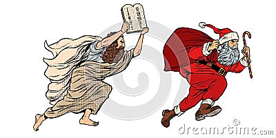 Moses and Santa Claus. Dispute old and new. Tradition versus secular Vector Illustration