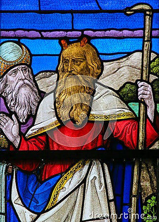 Moses - Stained Glass in Mechelen Cathedral Stock Photo