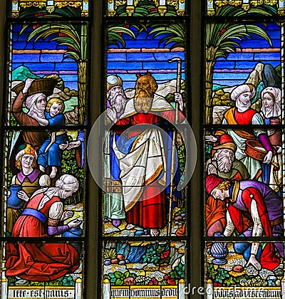 Moses - Stained Glass in Mechelen Cathedral Stock Photo