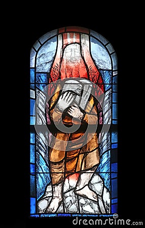 Moses, stained glass window in St. James church in Hohenberg, Germany Editorial Stock Photo