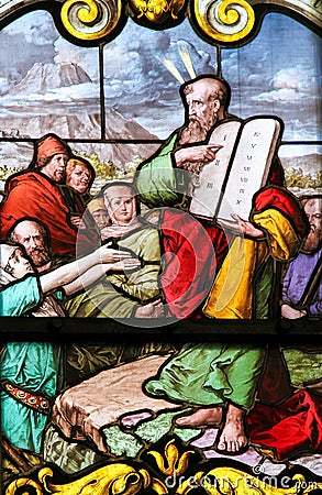 Moses and the Stone Tablets - Stained Glass Stock Photo