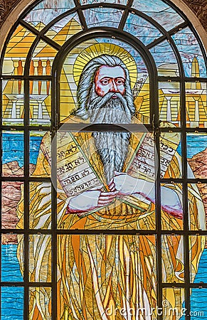 Moses with the ten commandments. The Law given to Moses at Sinai Stock Photo