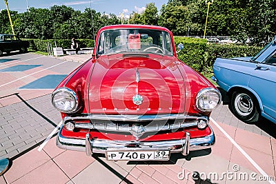 Moskvich-402 car made in USSR 1950s. Retro auto Moskvich 402 parked on street, front view Editorial Stock Photo