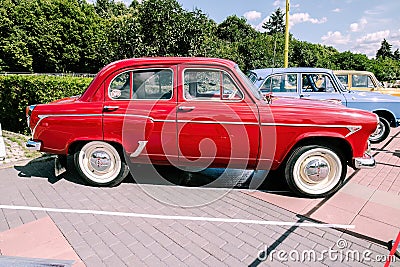 Moskvich-402 car made in USSR 1950s. Retro auto Moskvich 402 parked on street, side view Editorial Stock Photo