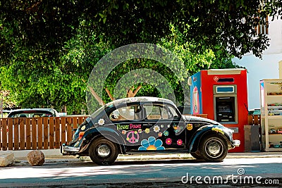 Moskvitch black car with intersting notes on the sunny street Editorial Stock Photo