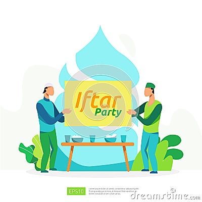 Moslem family dinner on Ramadan Kareem or celebrating Eid with people character. Iftar Eating After Fasting feast party concept. Vector Illustration