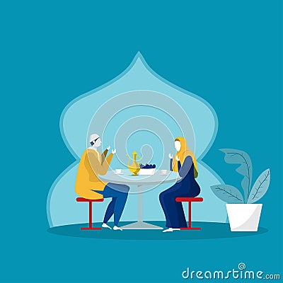 Moslem family dinner on Ramadan Kareem Vector Illustration