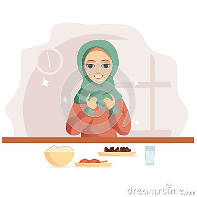 Moslem family eating ramadan ifthar together in happiness Vector Illustration