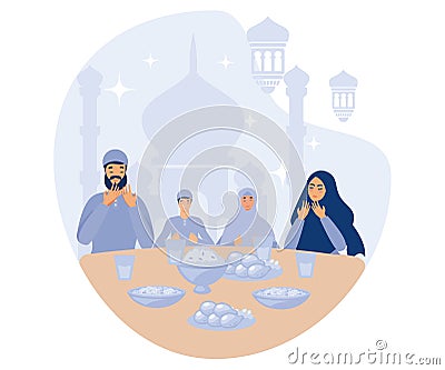 Moslem family iftar enjoying ramadan kareem mubarak together in happiness during fasting with meal, Vector Illustration