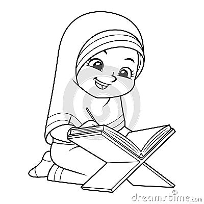 Moslem Girl Reading Quran BW Stock Photo