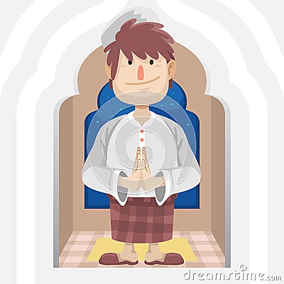 Moslem Man standing inside Mosque praying for Happy Eid al Adha Fitr Isra Miraj Vector Illustration