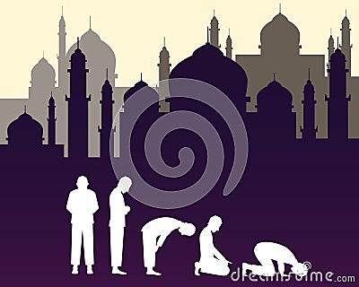 Moslem muslim pray position with mosque background Vector Illustration