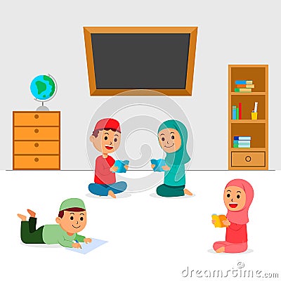 Islam Kids Sit And Reading Book Vector Illustration
