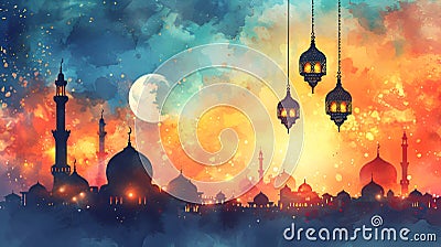 Mosque and Arabic lanterns under the moon in a watercolor illustration, Ramadan Cartoon Illustration