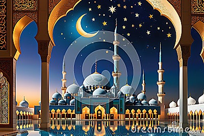 Mosque Beneath the Crescent Moon: Graceful Minarets and Devout Worshippers Stock Photo