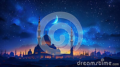 Mosque under the night sky and moon, Ramadan Stock Photo