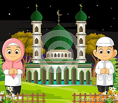 Mosque Building with Muslim Couple Kids Cartoon Vector Illustration