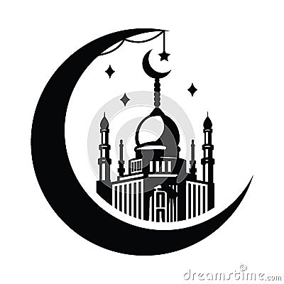 Ramadan mosque and crescent moon hand drawn Vector Illustration