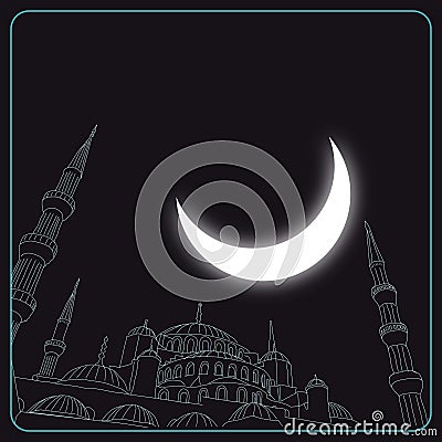 Mosque and crescent moon. Islamic or ramadan concept. Vector Illustration