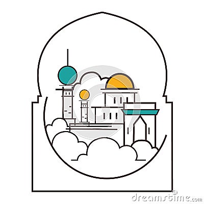 Mosque dome minaret illustration line outline style icon of Islam Vector Illustration