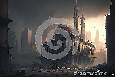 Mosque after earthquake, digital illustration Stock Photo