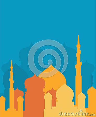 Mosque Islamic religious building. Vector illustration for Muslim holiday Eid Mubarak. Ramadan Kareem Greeting Card Vector Illustration