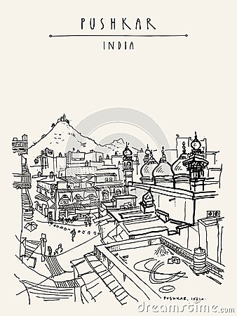 Mosque and Pap Mochani Temple in Pushkar, Rajasthan, India. Vintage hand drawn touristic postcard Vector Illustration