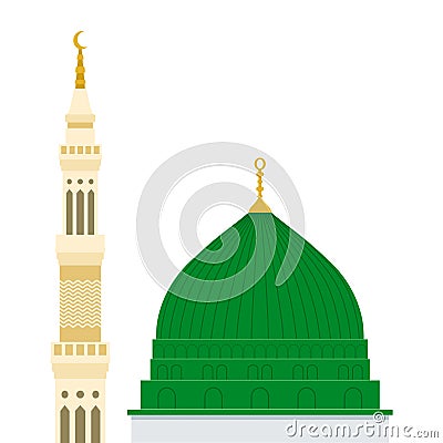 Mosque or masjid Al Nabawi minaret and green dome in Madinah Vector Illustration