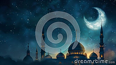A mosque and minarets under a starry sky with the moon, Ramadan Stock Photo
