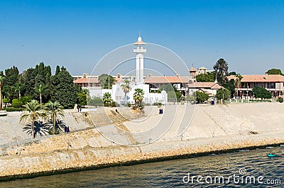 The mosque on the right bank of the Suez Canal. View from the water Stock Photo