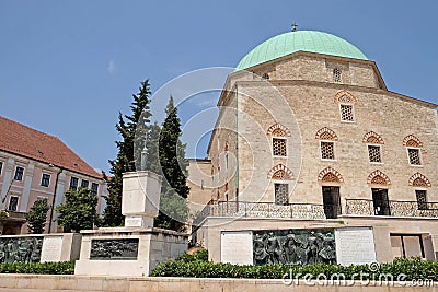 Mosque Qazim with 3 bronze Memorials in Pecs Hungary Editorial Stock Photo