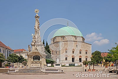 Mosque Qazim and Obelisk in Pecs Hungary Editorial Stock Photo