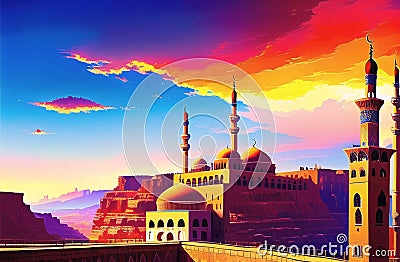 Mosque for Ramadan Kareem Eid Greetings for Muslim Festival of fasting. Islamic Culture Holy month. Generative AI Stock Photo